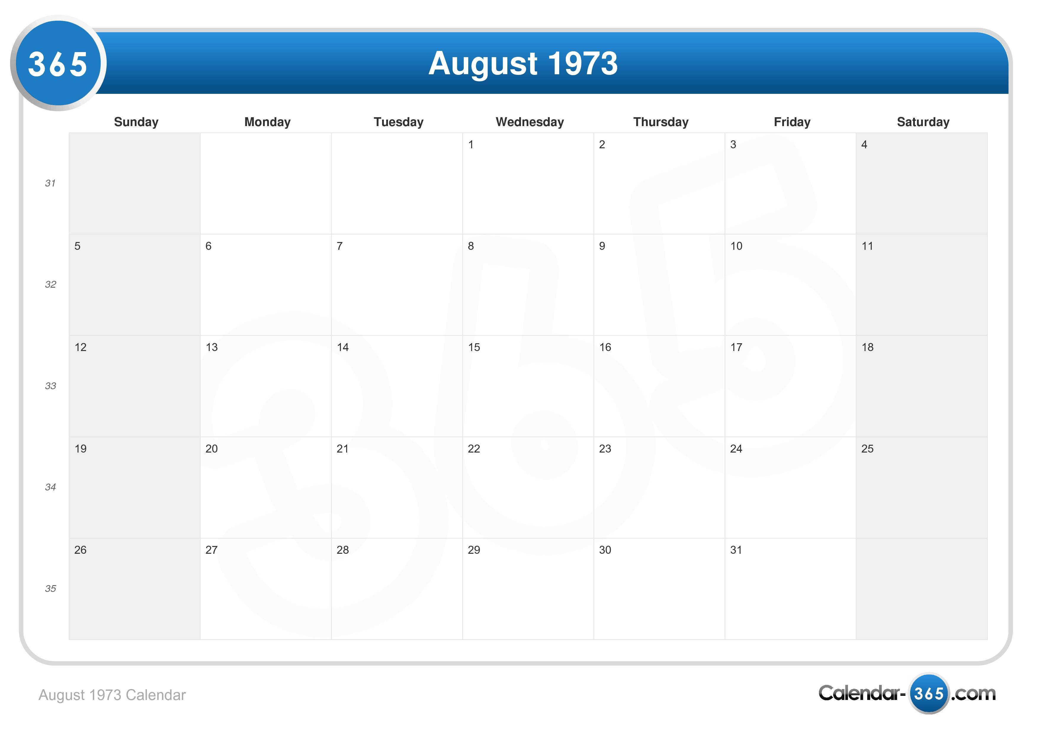 August 1973 Calendar