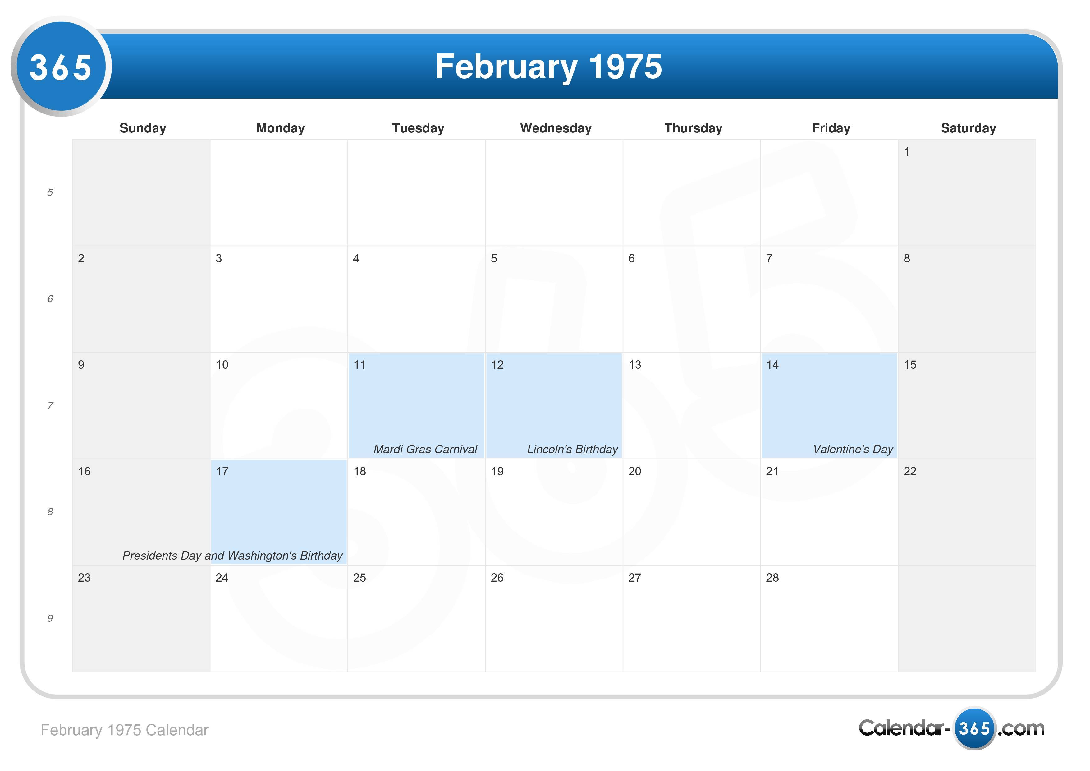 February 1975 Calendar