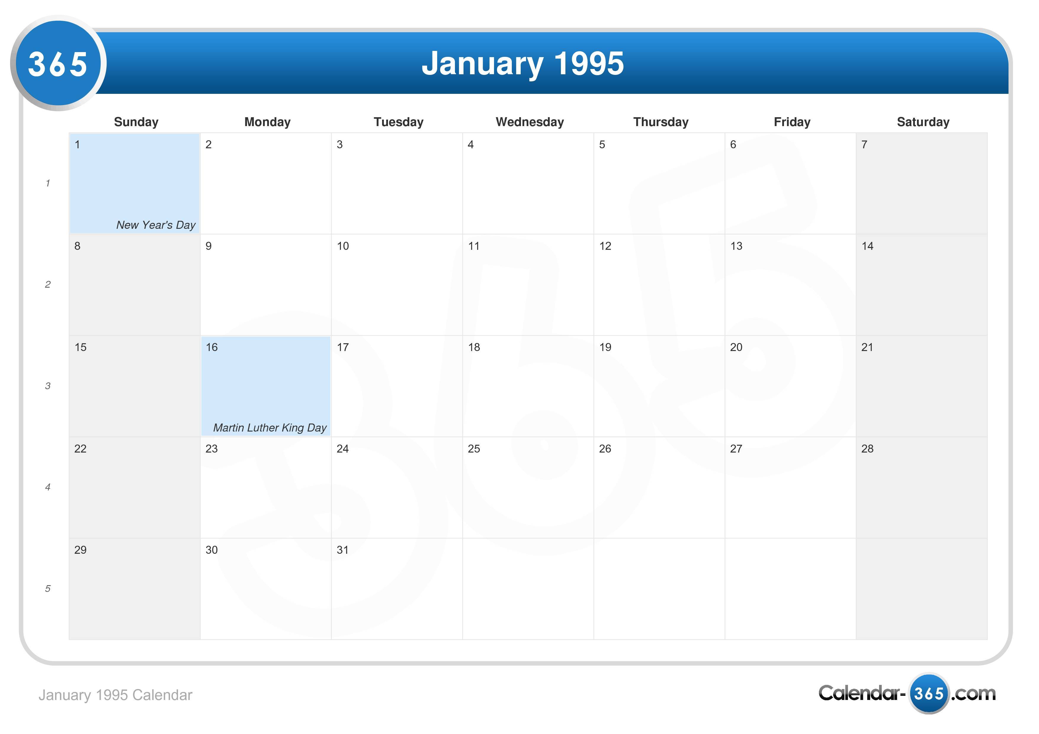 January 1995 Calendar