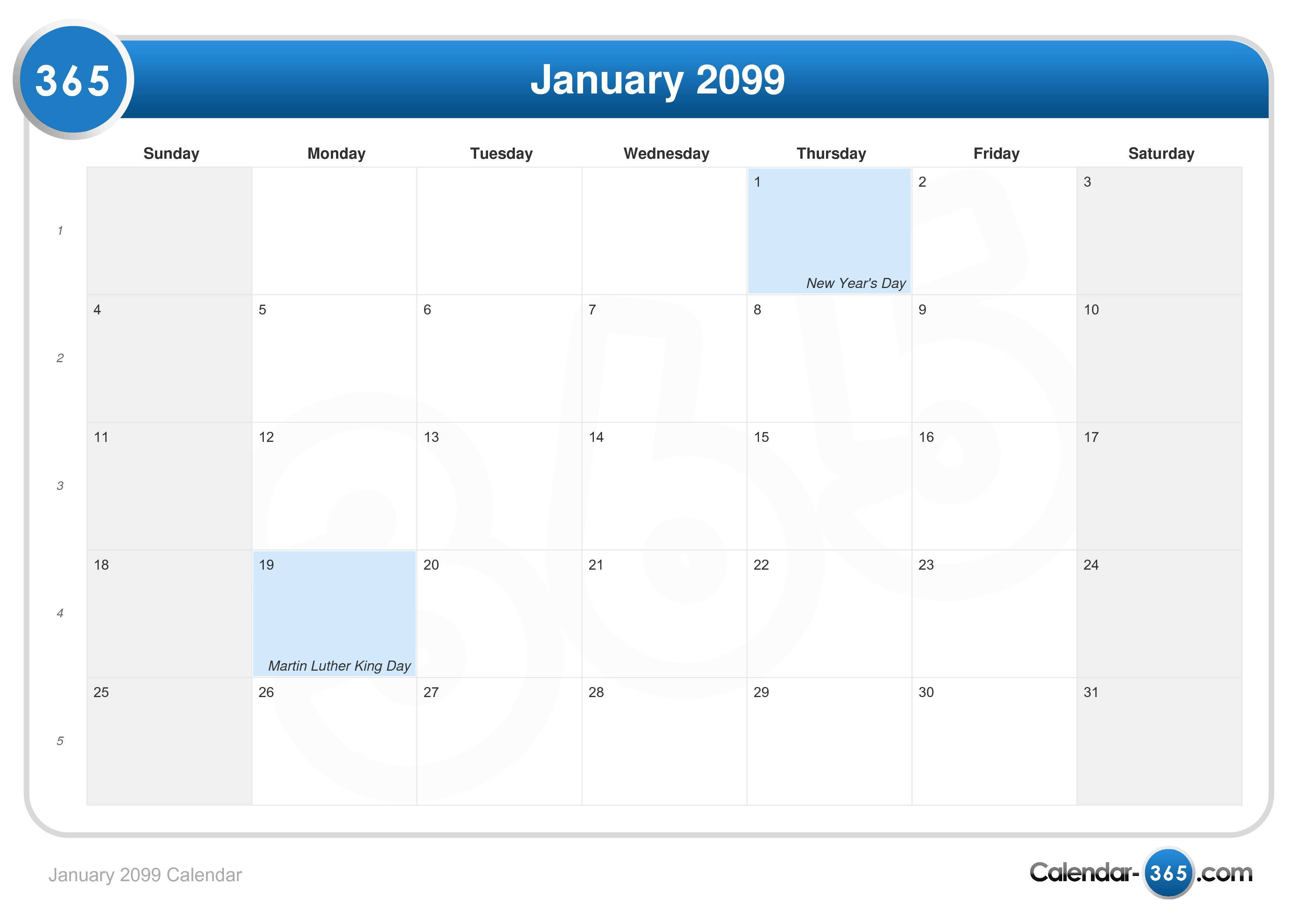 January 2099 Calendar
