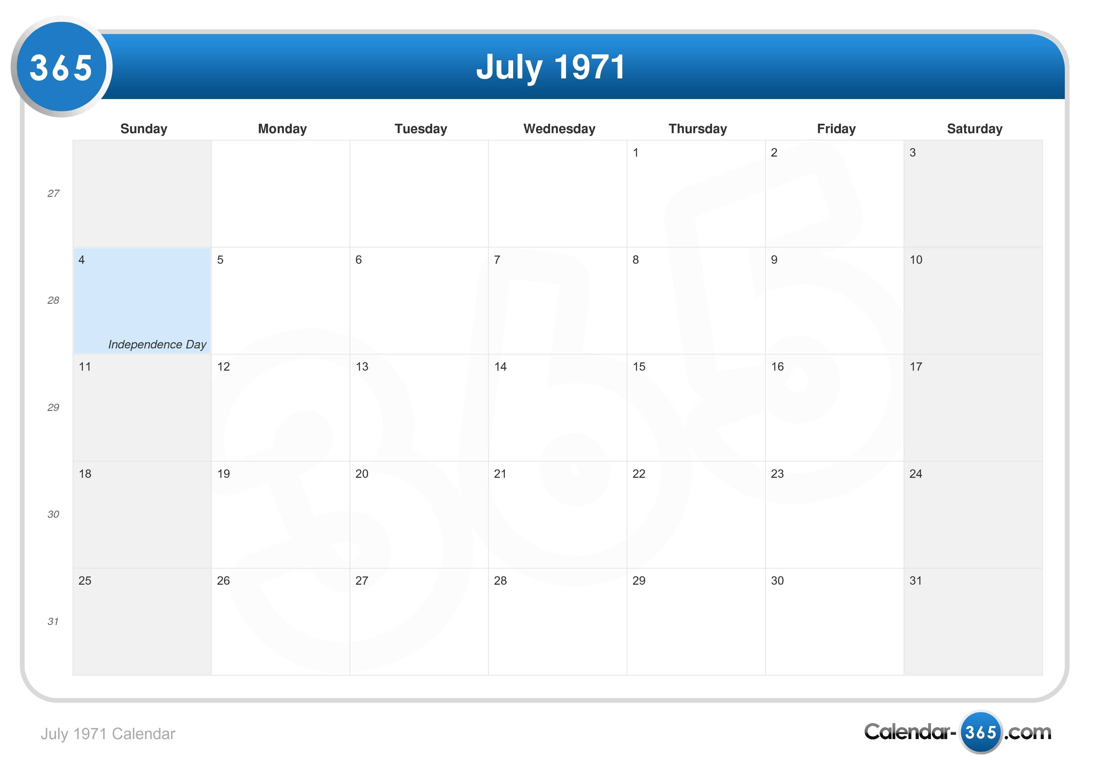 July 1971 Calendar