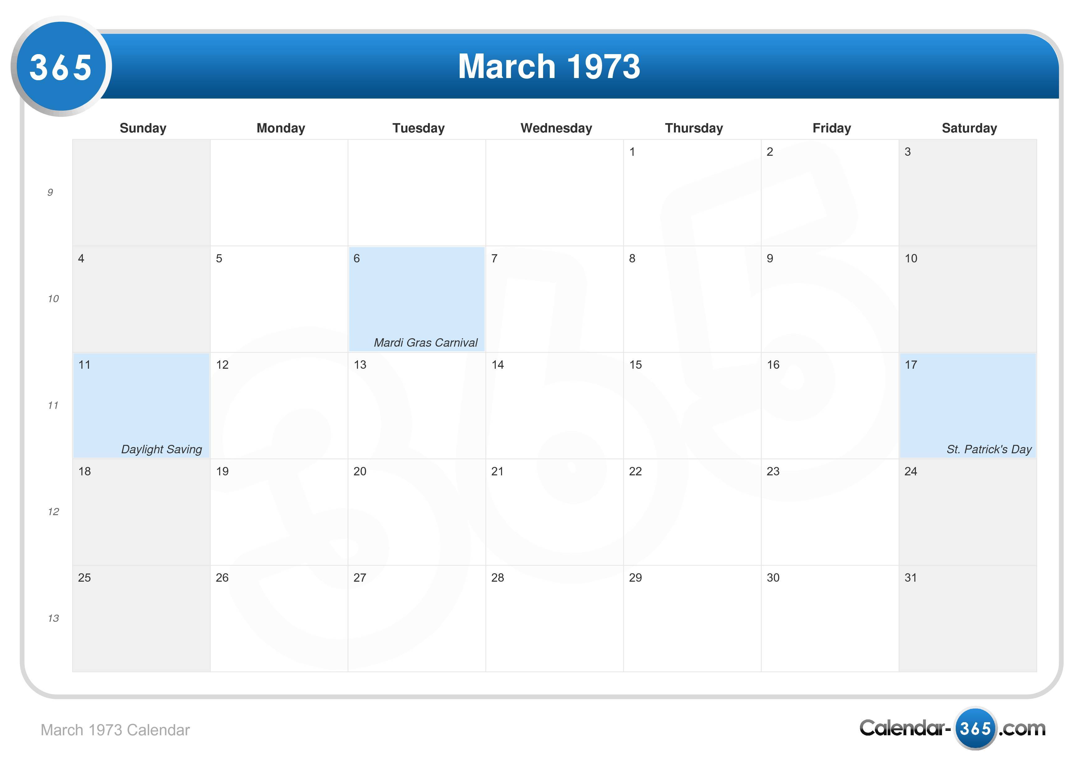March 1973 Calendar