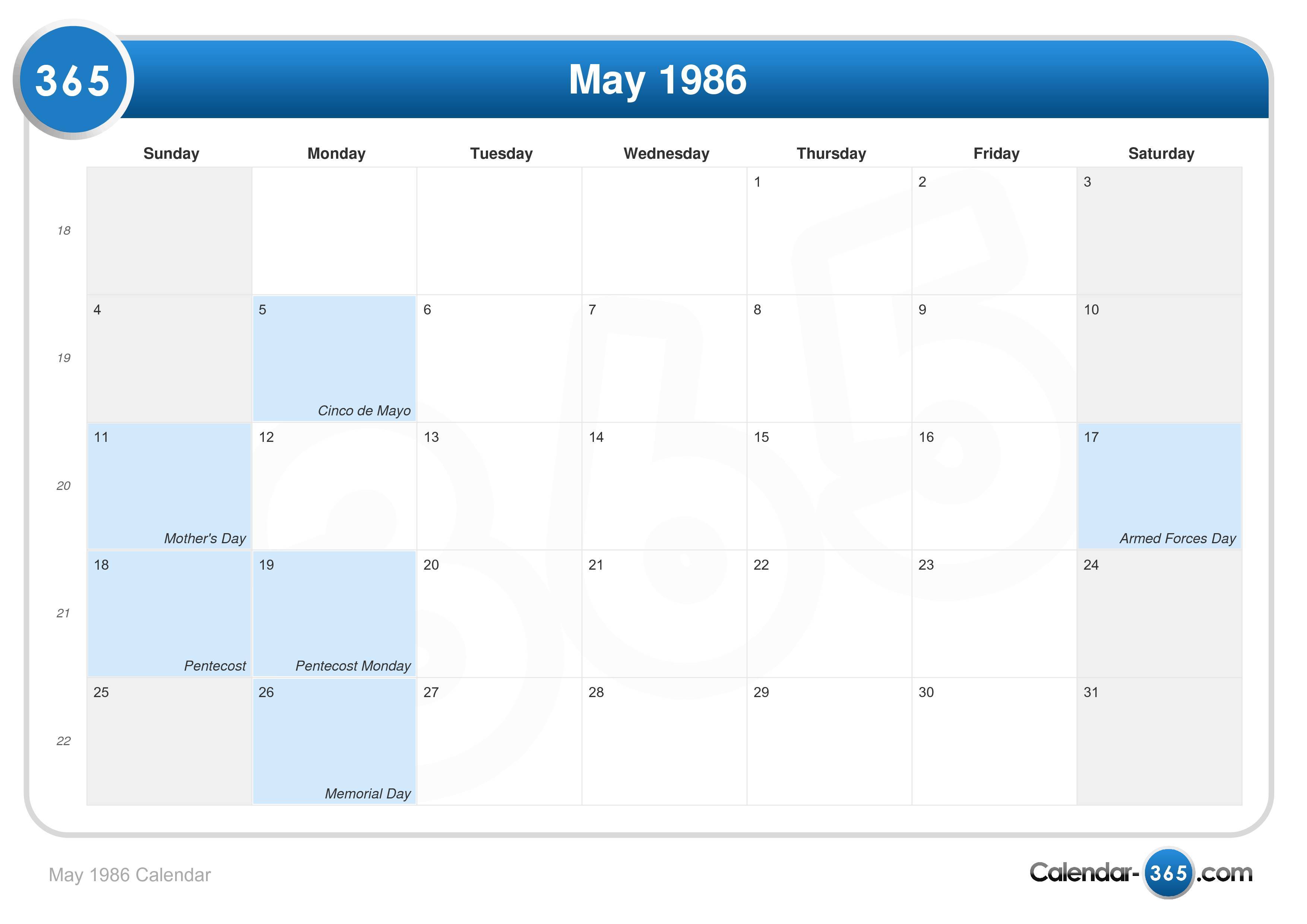 May 1986 Calendar
