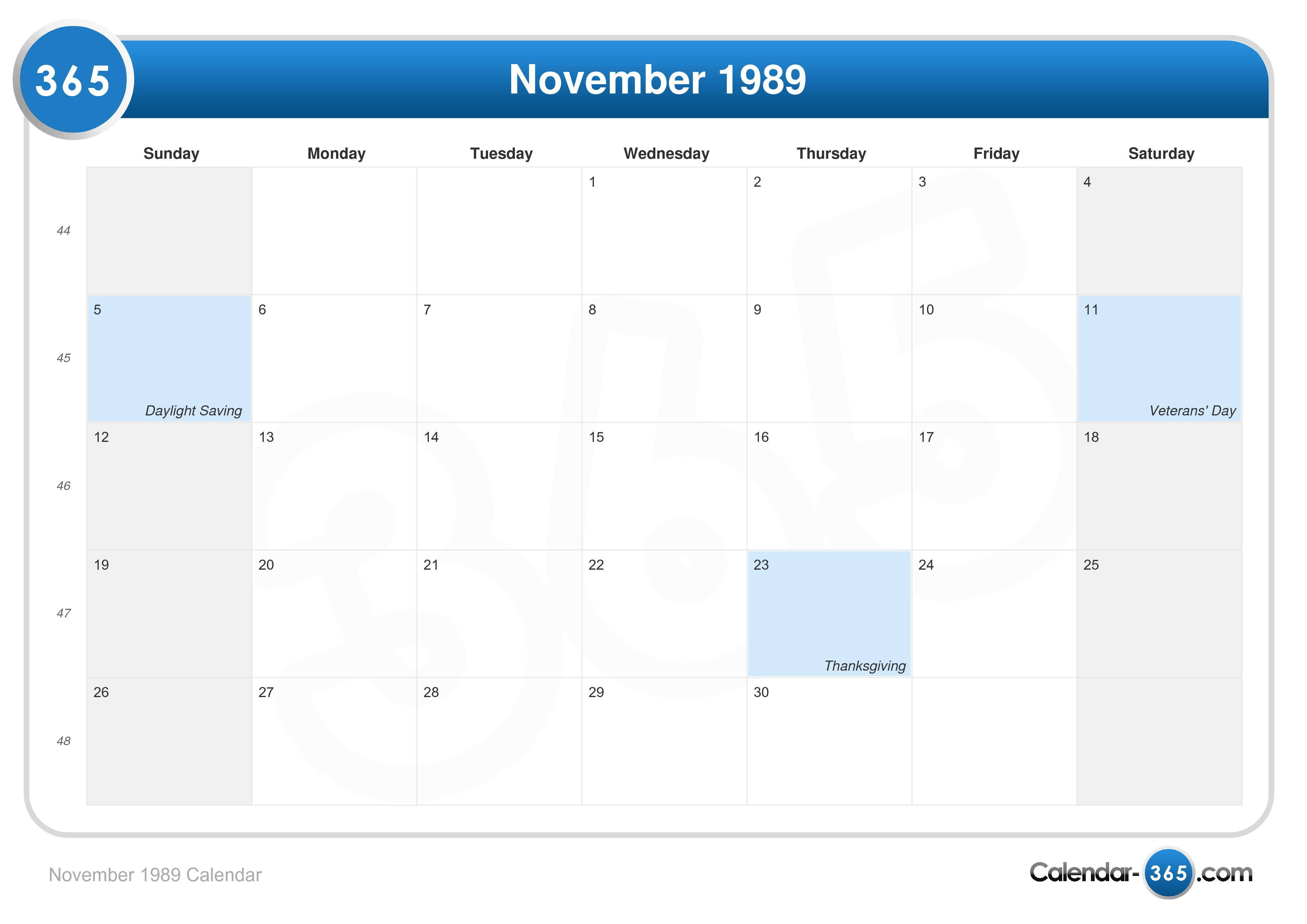 November 1989 Calendar