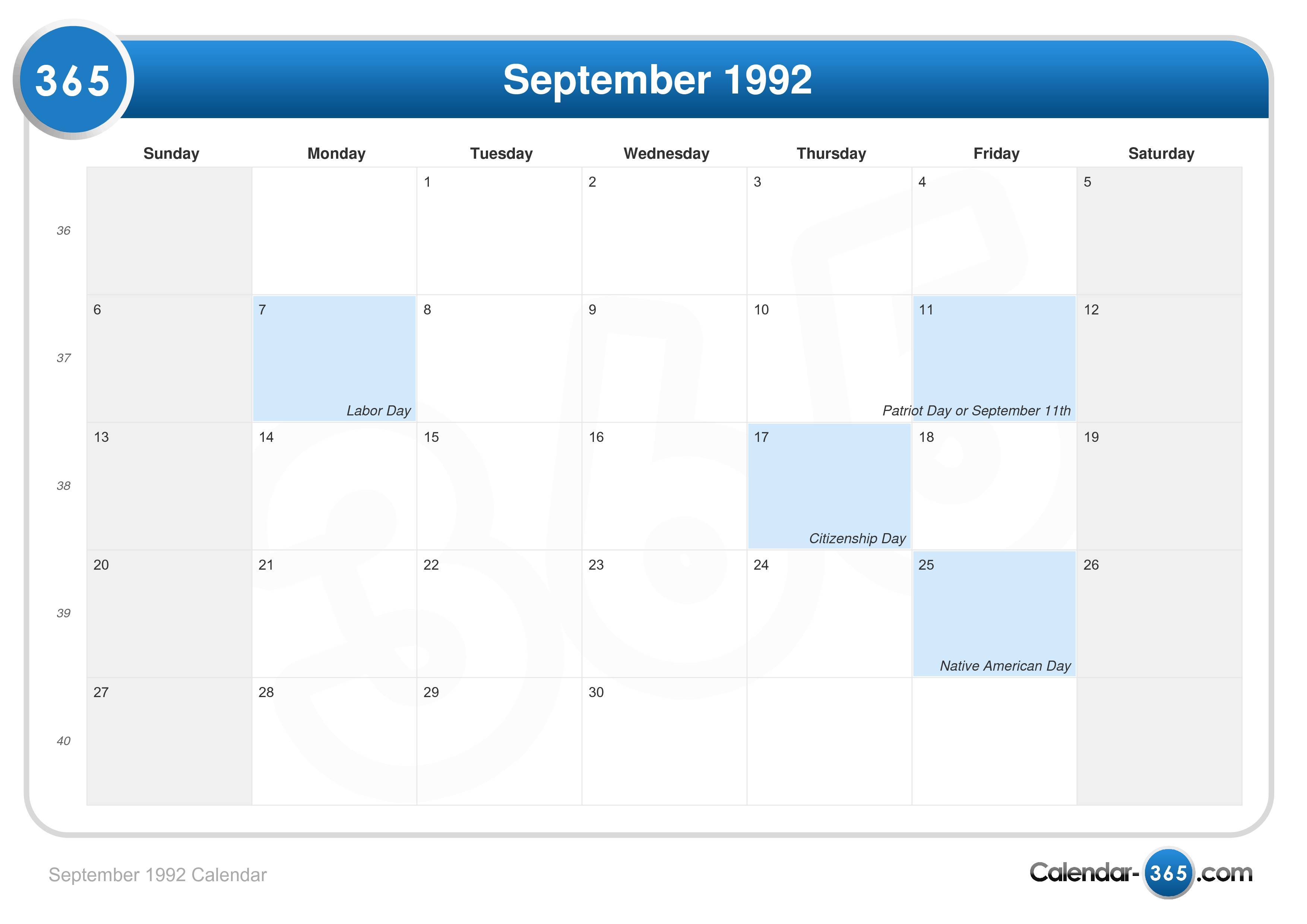 September 1992 Calendar
