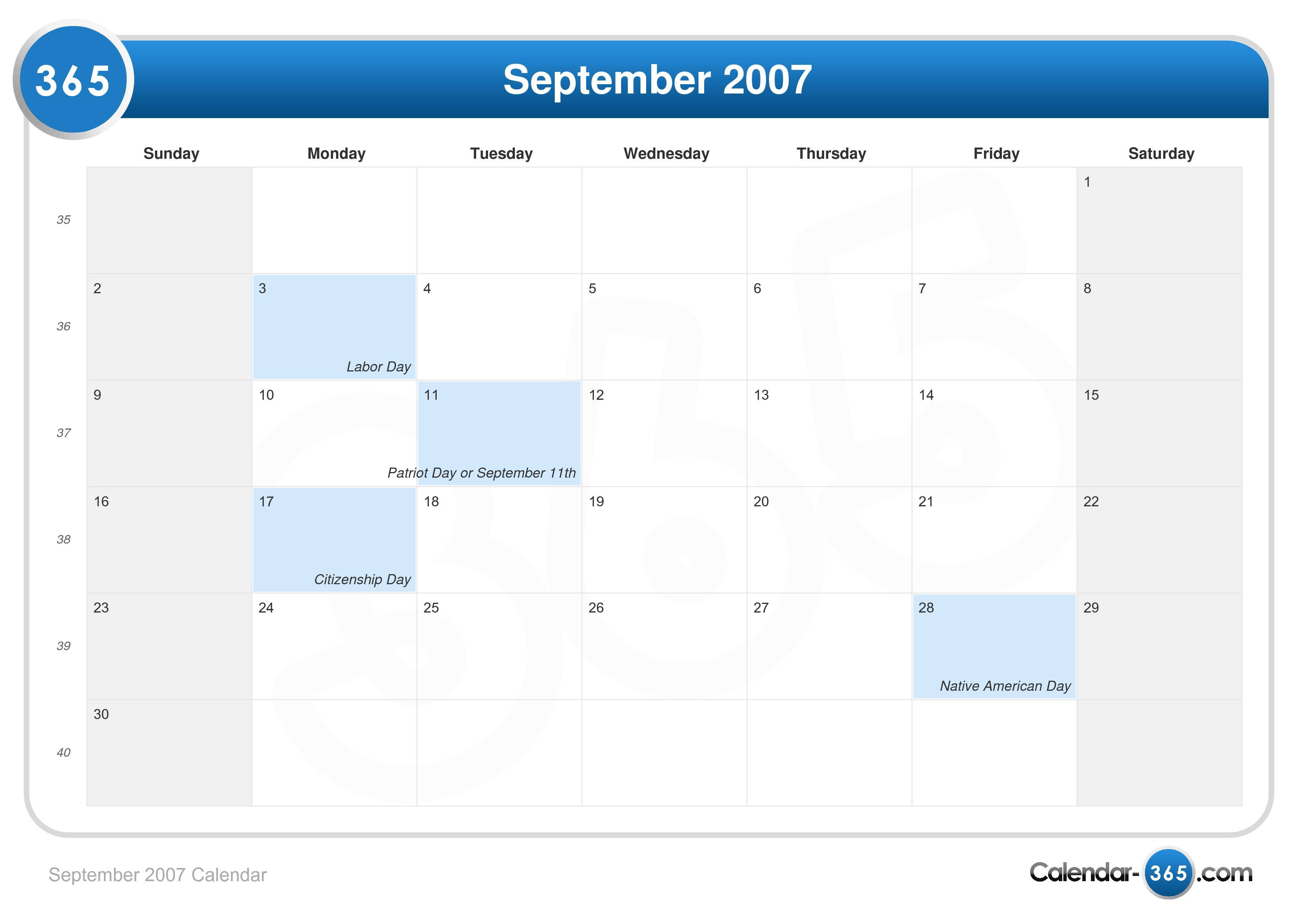 September 2007 Calendar