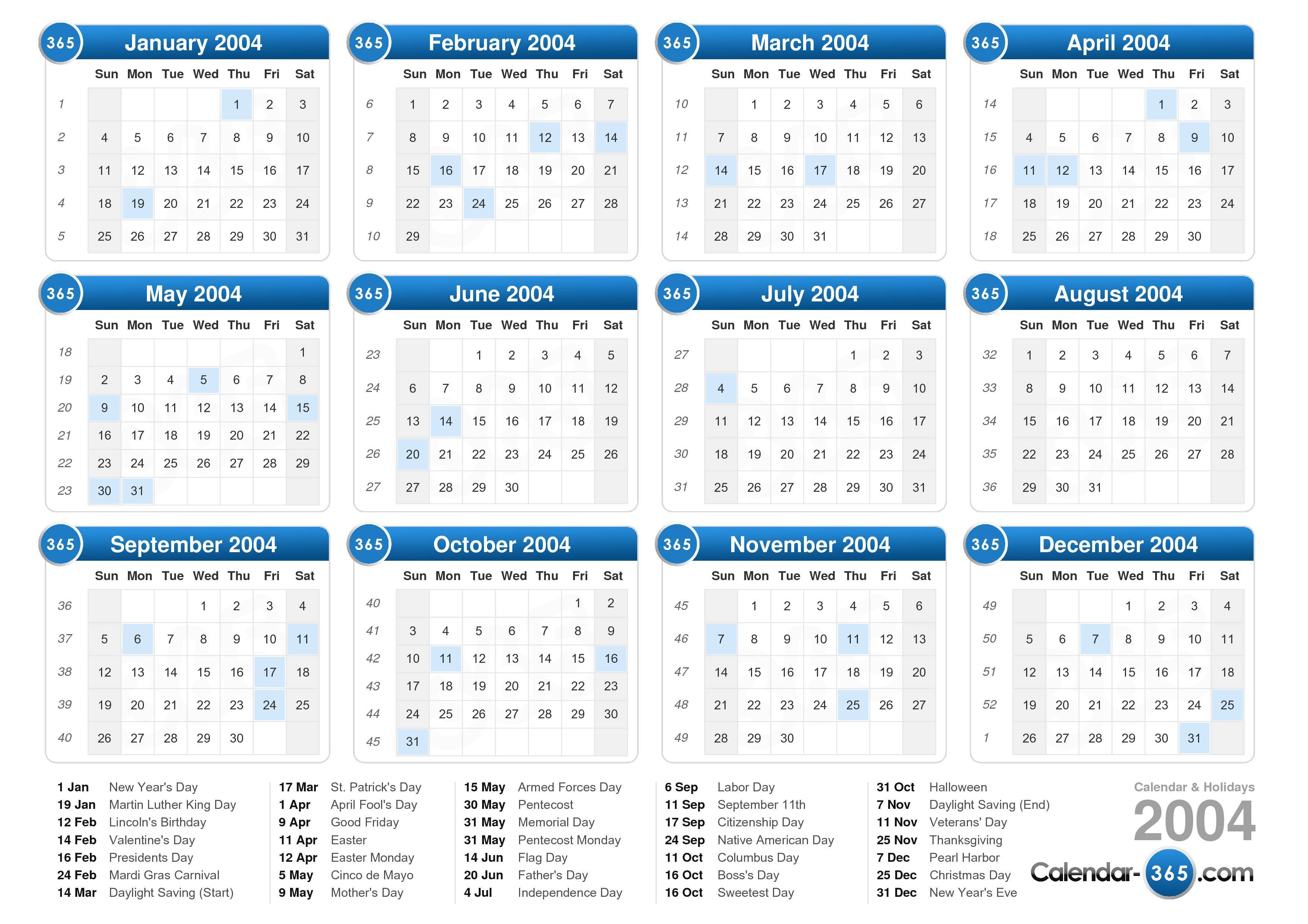 2004 Printable Calendar Printable World Holiday