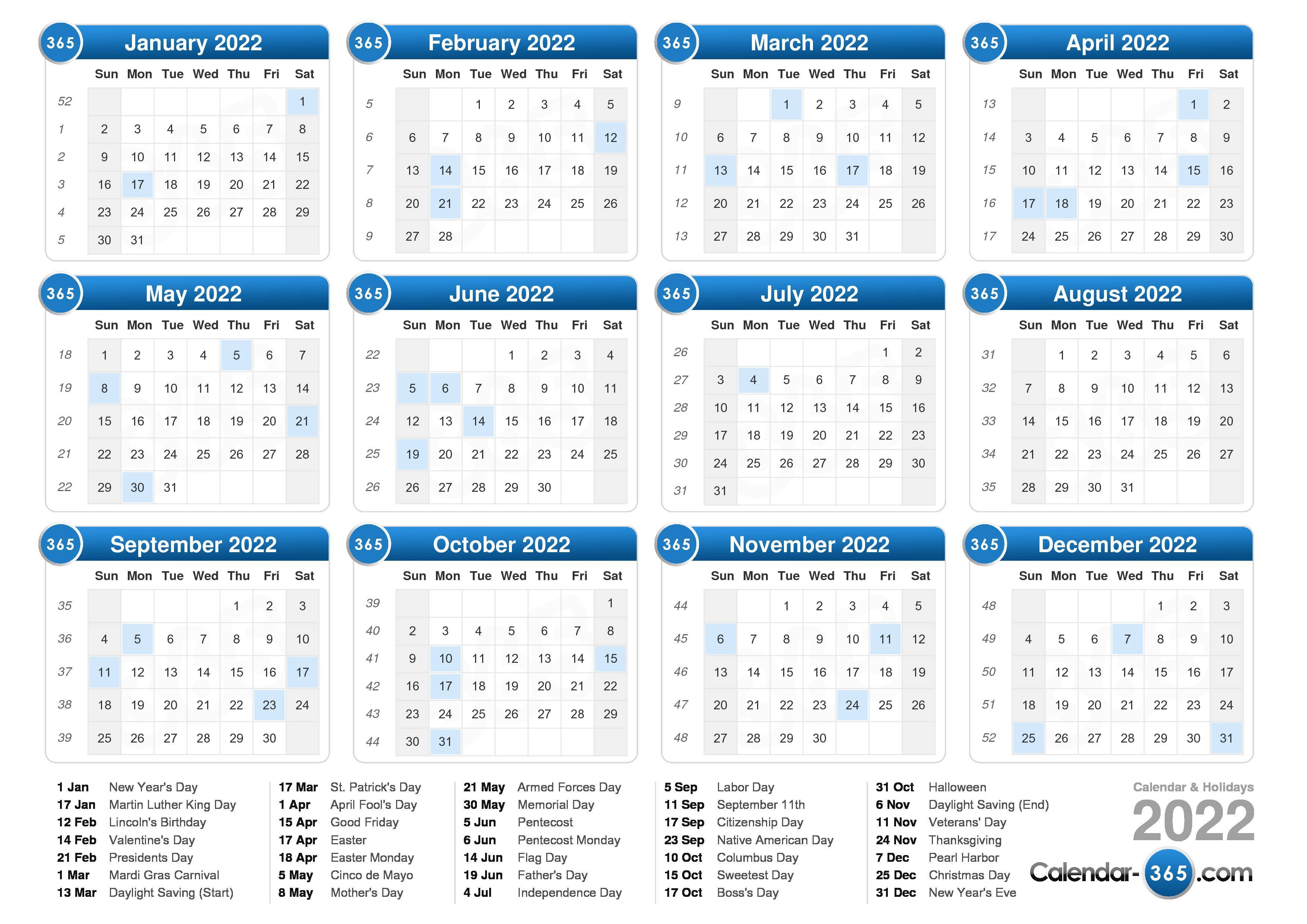 2022 calendar 365 holidays printable landscape format