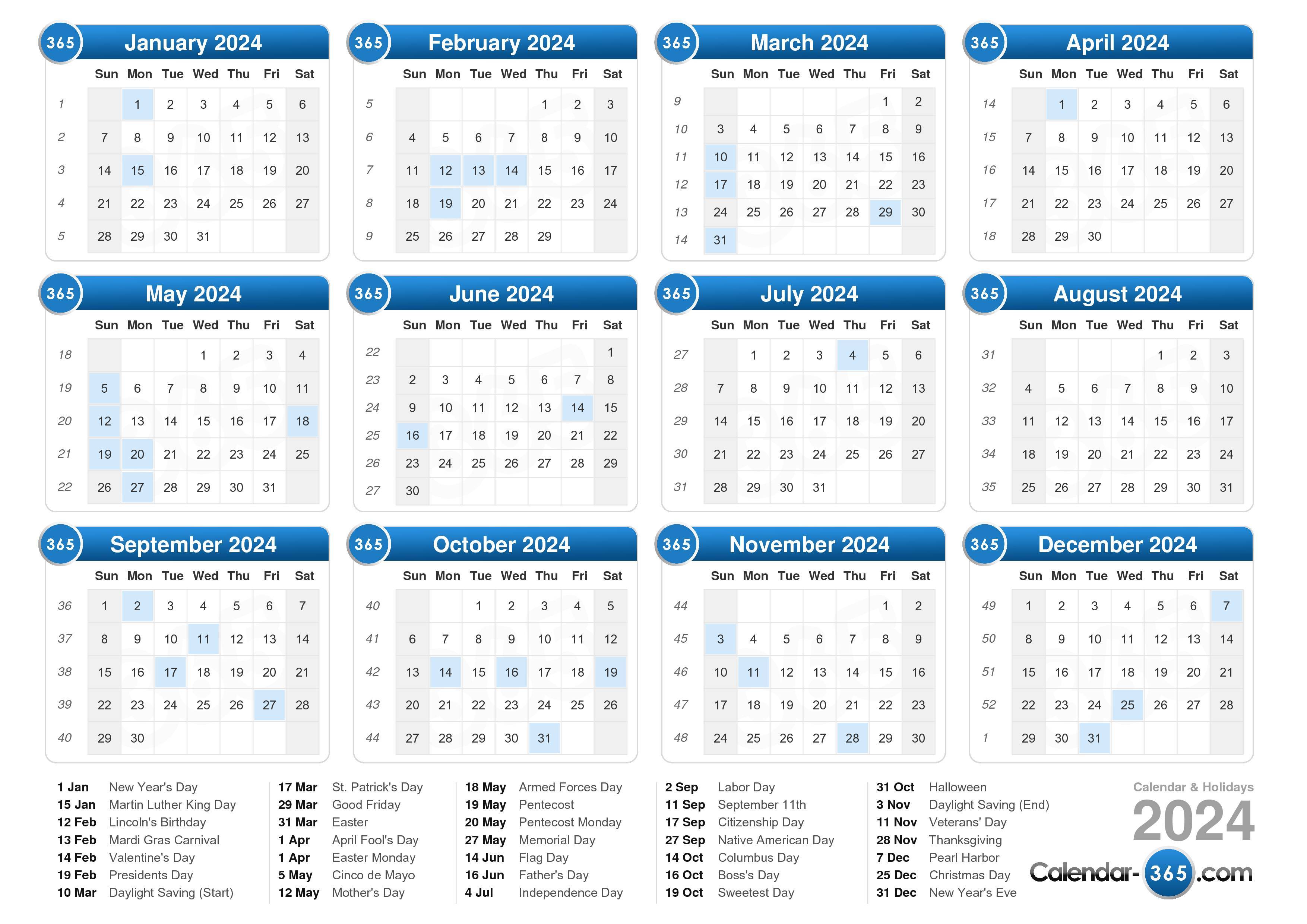 2024 Calendar With Week Numbers And Holidays Printable 2024 Calendar