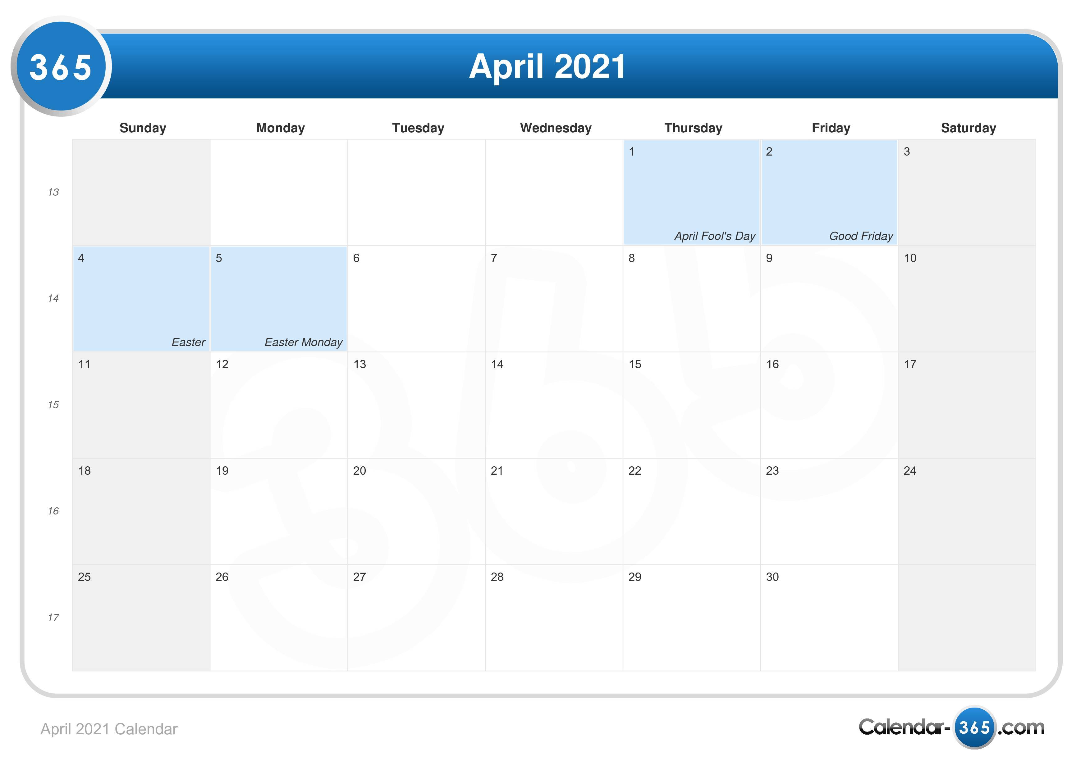 National Calendar April 2021 Printable March