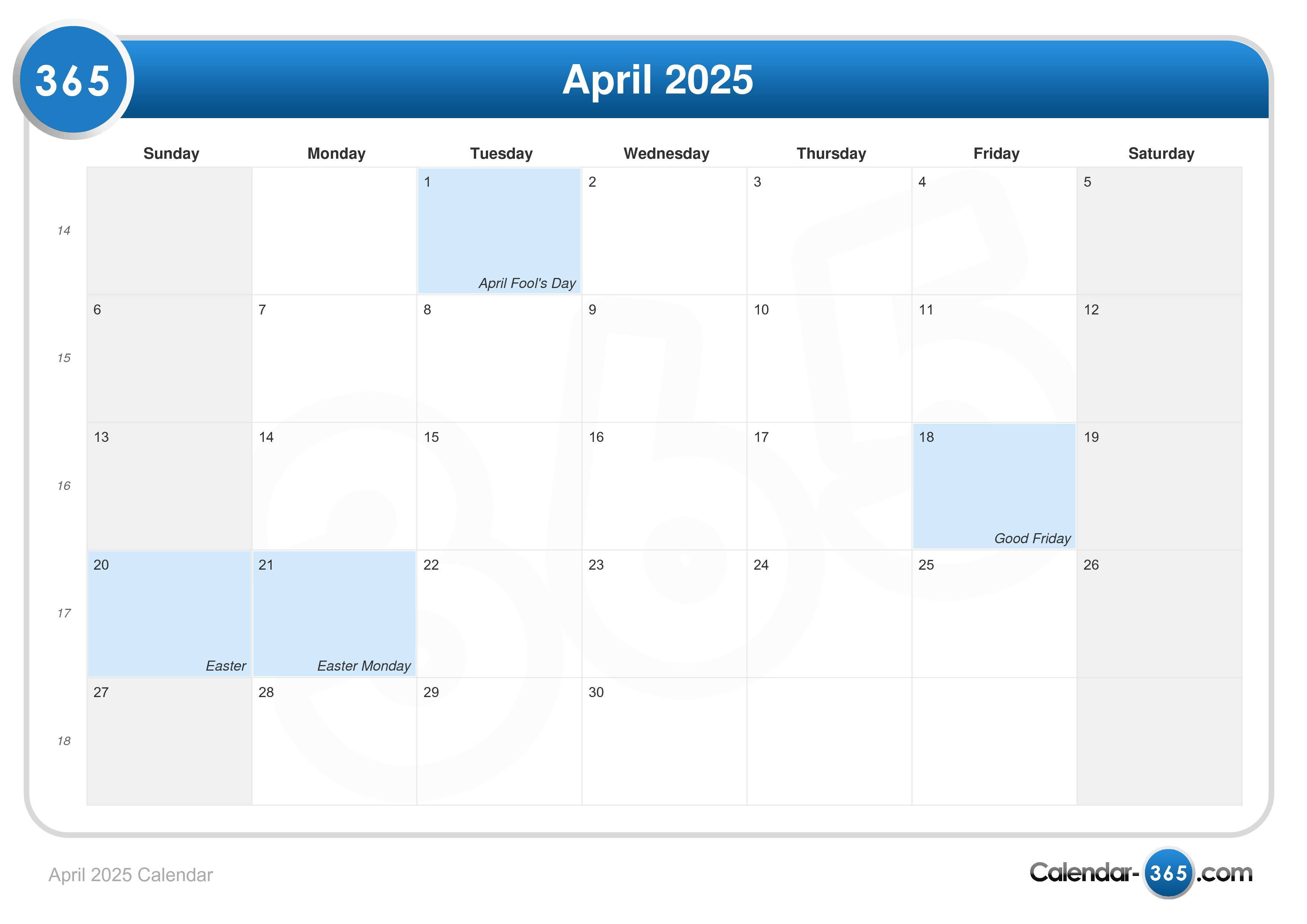 April 2025 Calendar Easter johna karmen