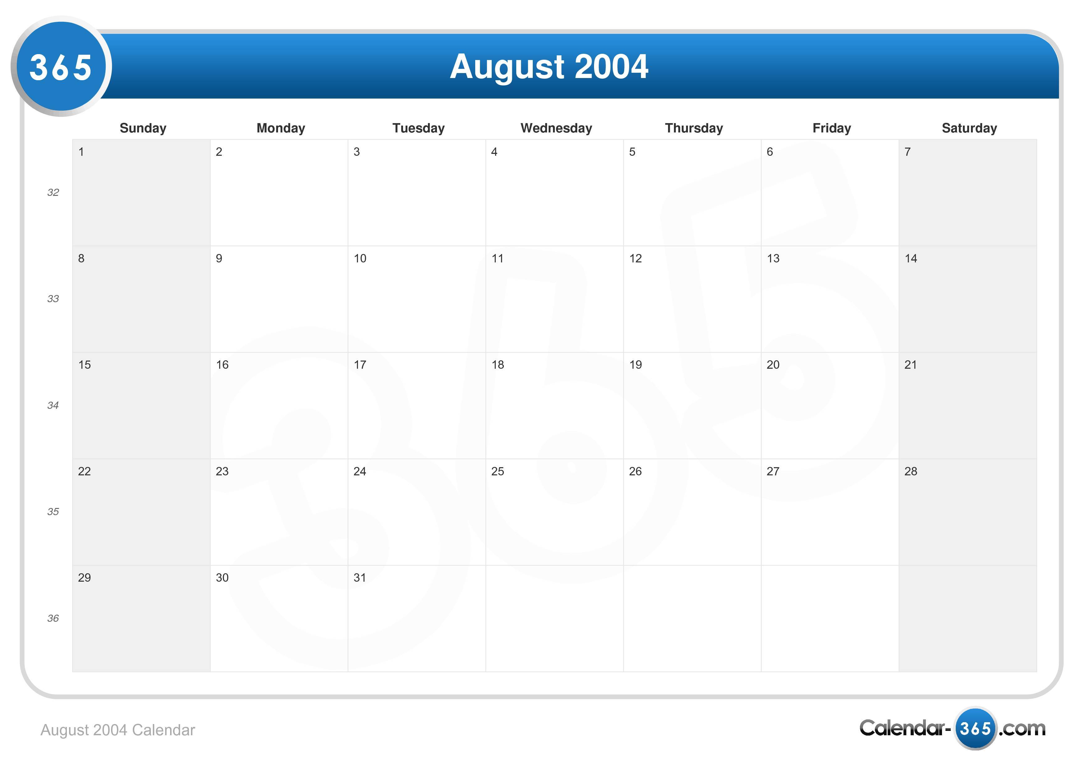 August 2004 Calendar