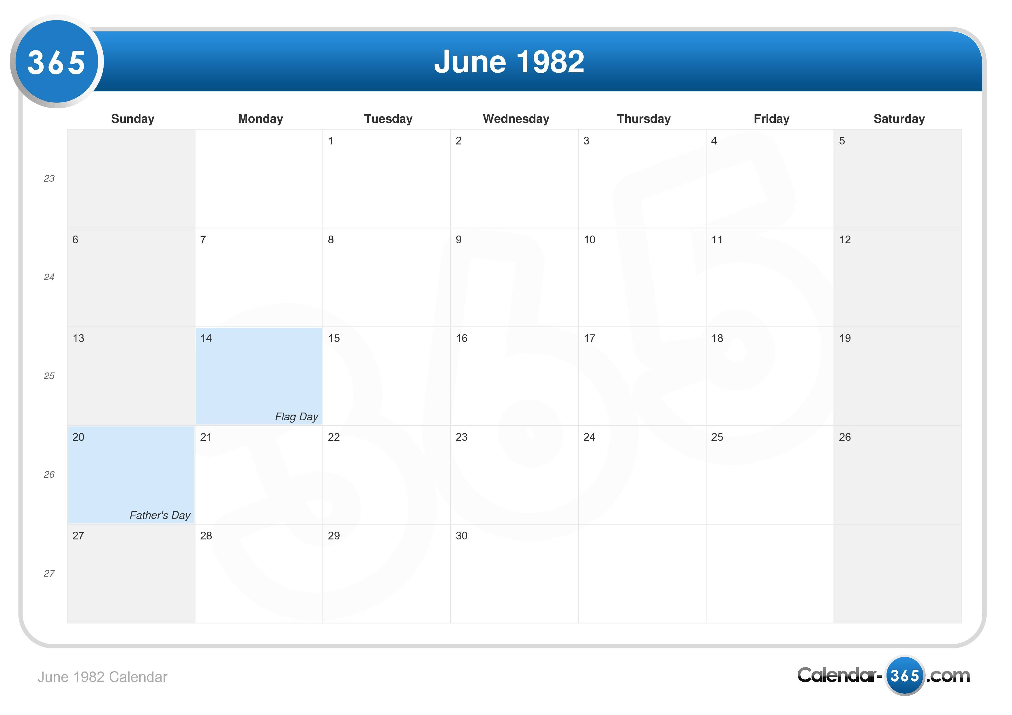 June Calendar 1982 - Printable Calendar