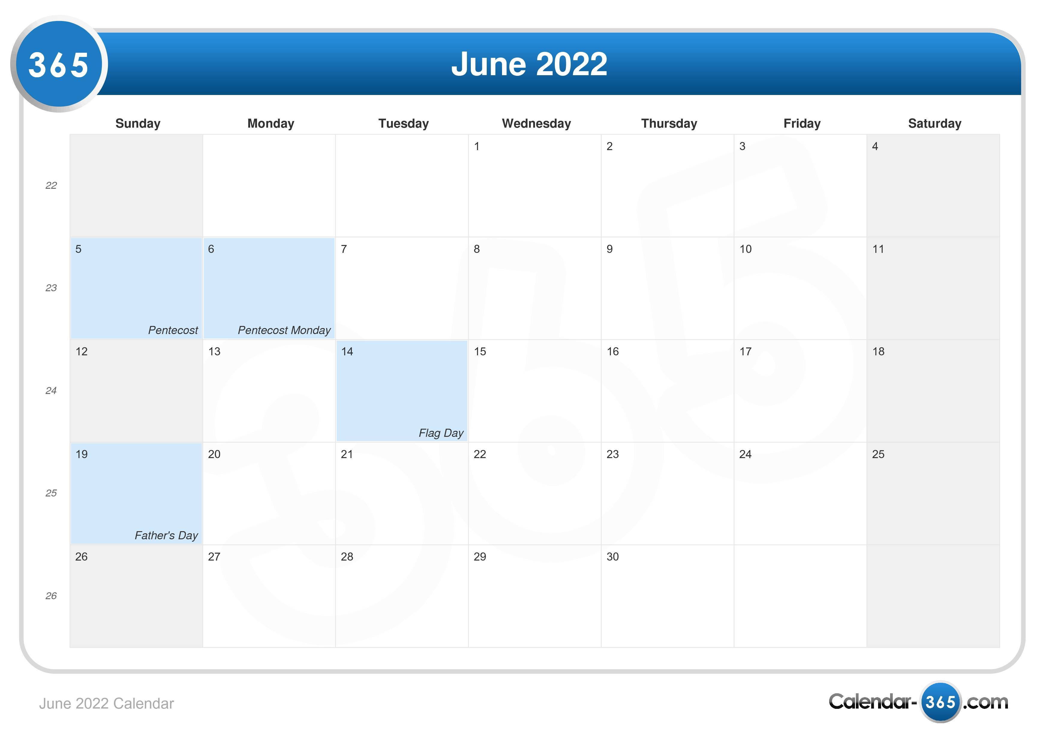 Calendar monday june 2022 start sunday printable simple