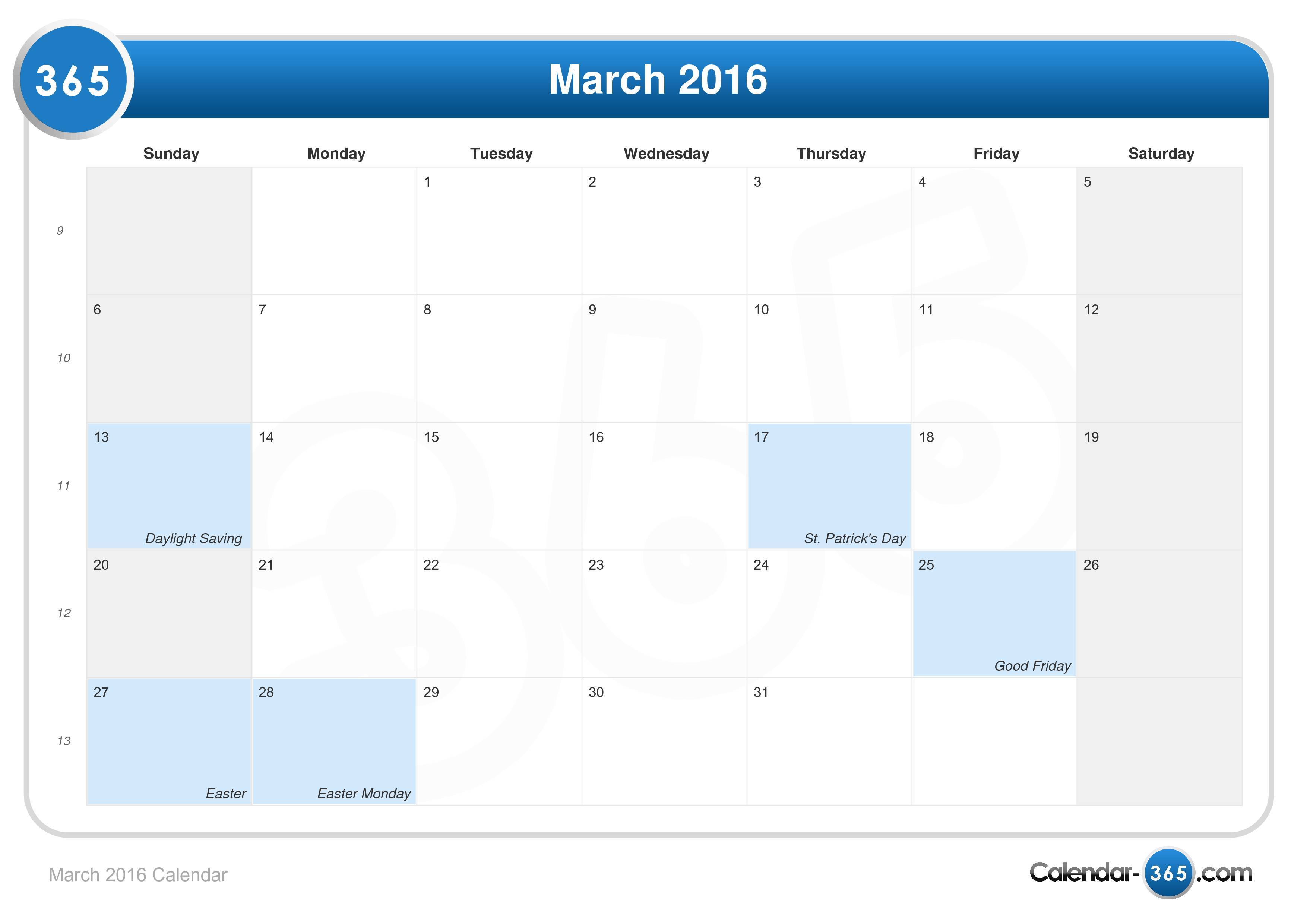 March 16 Calendar